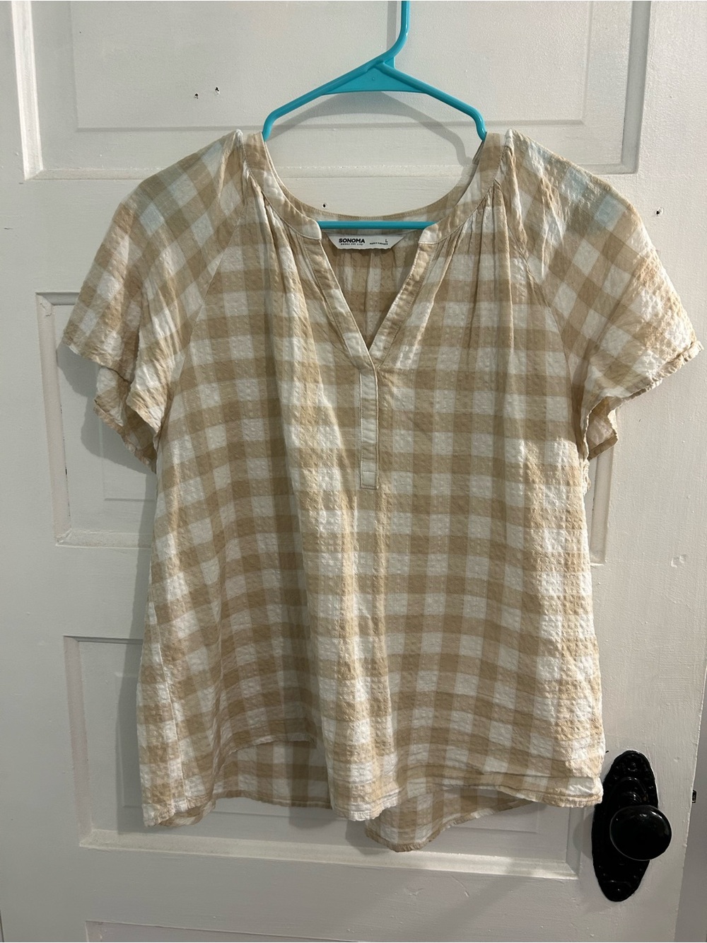 Sonoma Cream and White Gingham Split V-Neck Short Sleeve Top